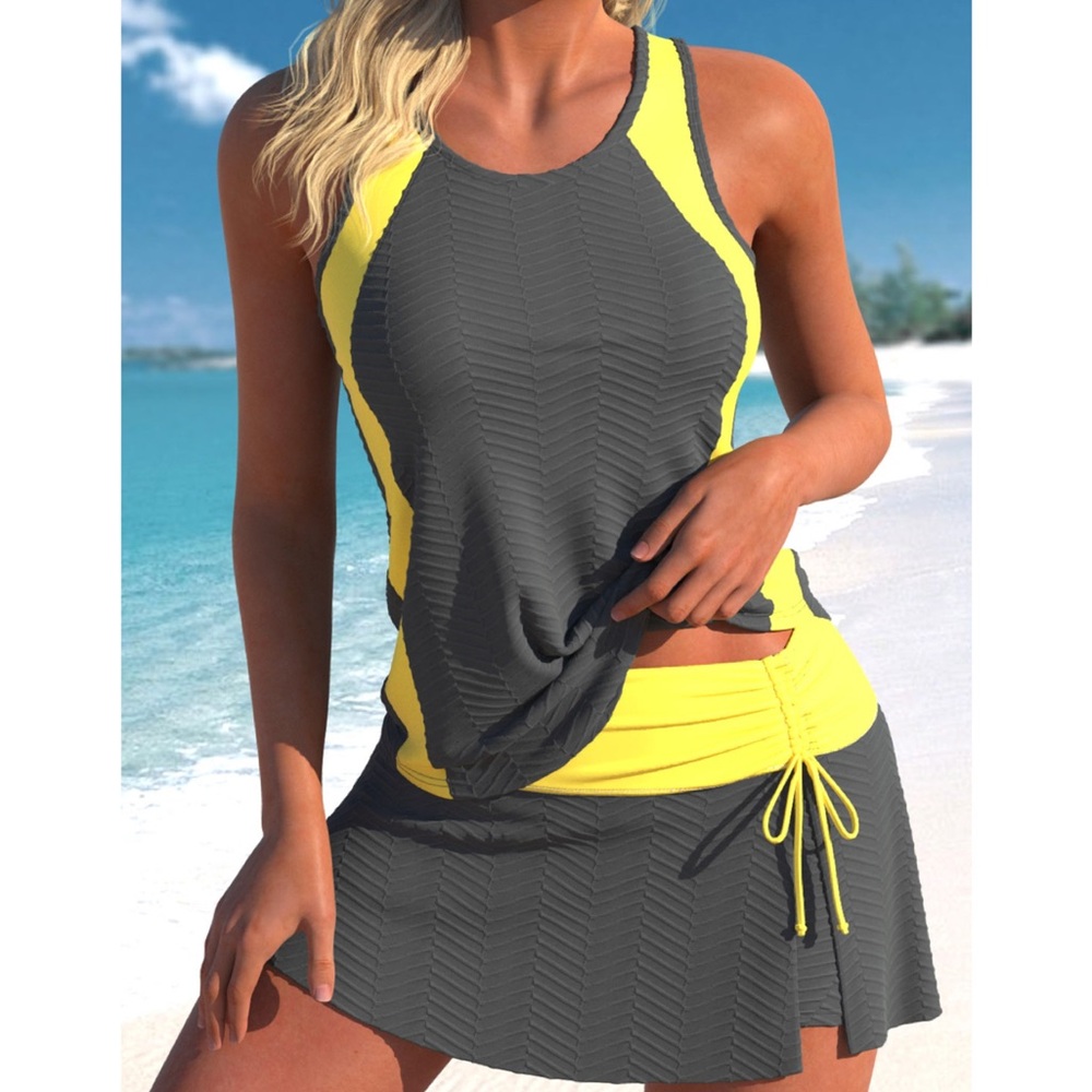 Gray & Yellow Tankini Swim Set - Women's Athletic Swimwear - XL